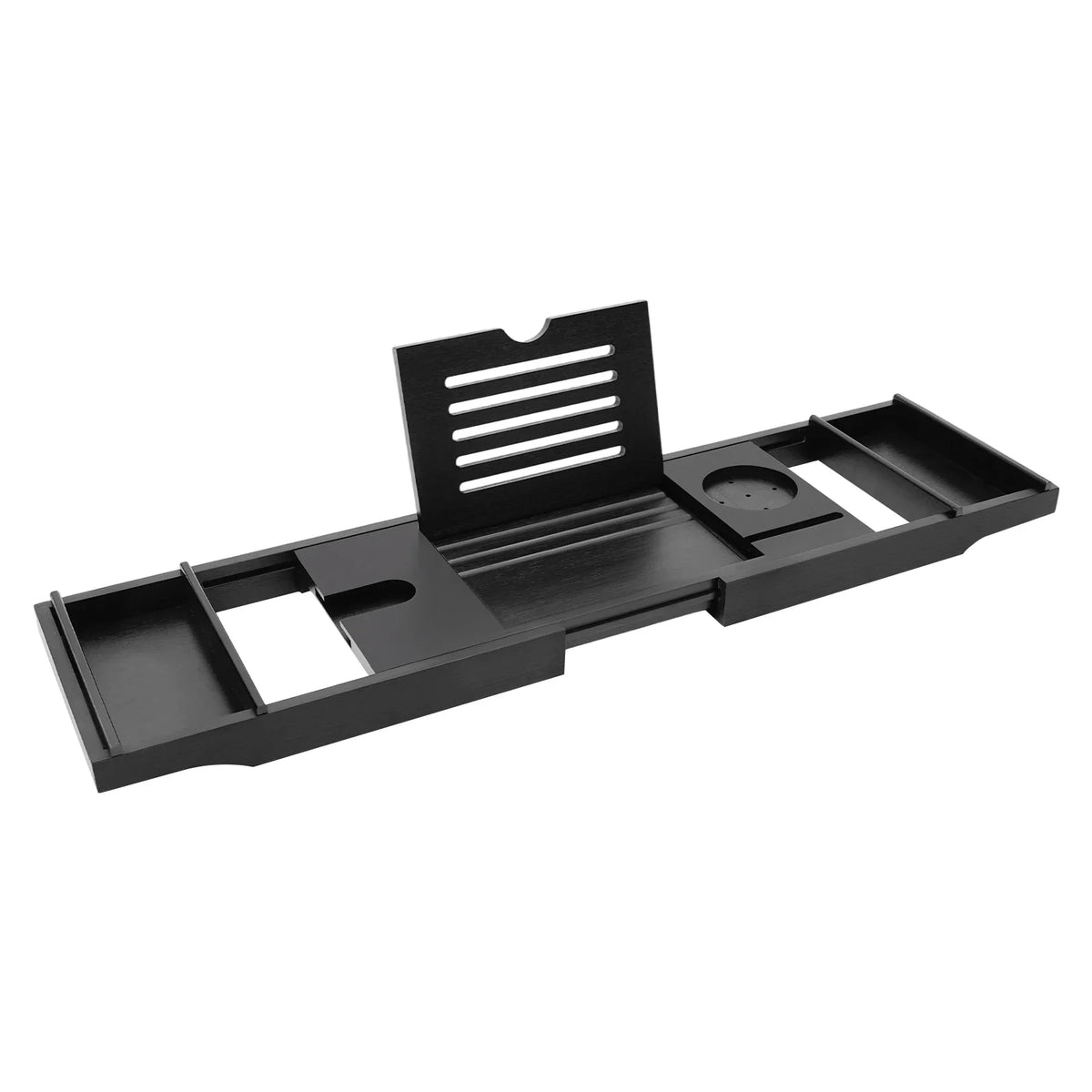 Black bamboo bathtub tray on white with its book stand folded up