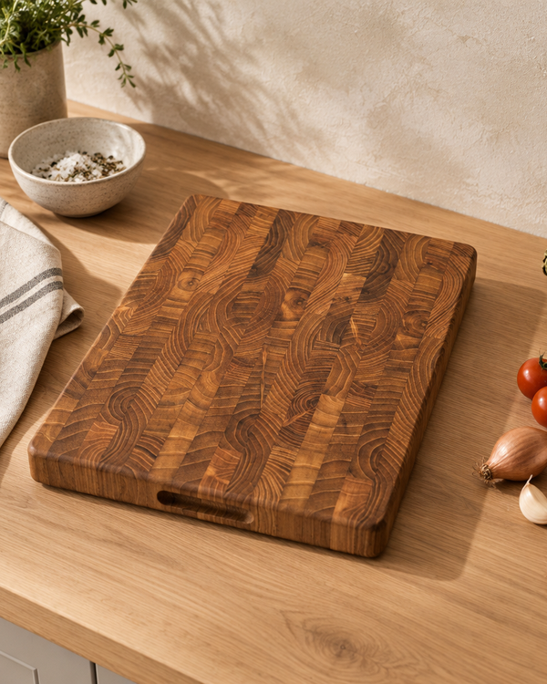 Teak end grain cutting board on a kitchen counter with vegetables