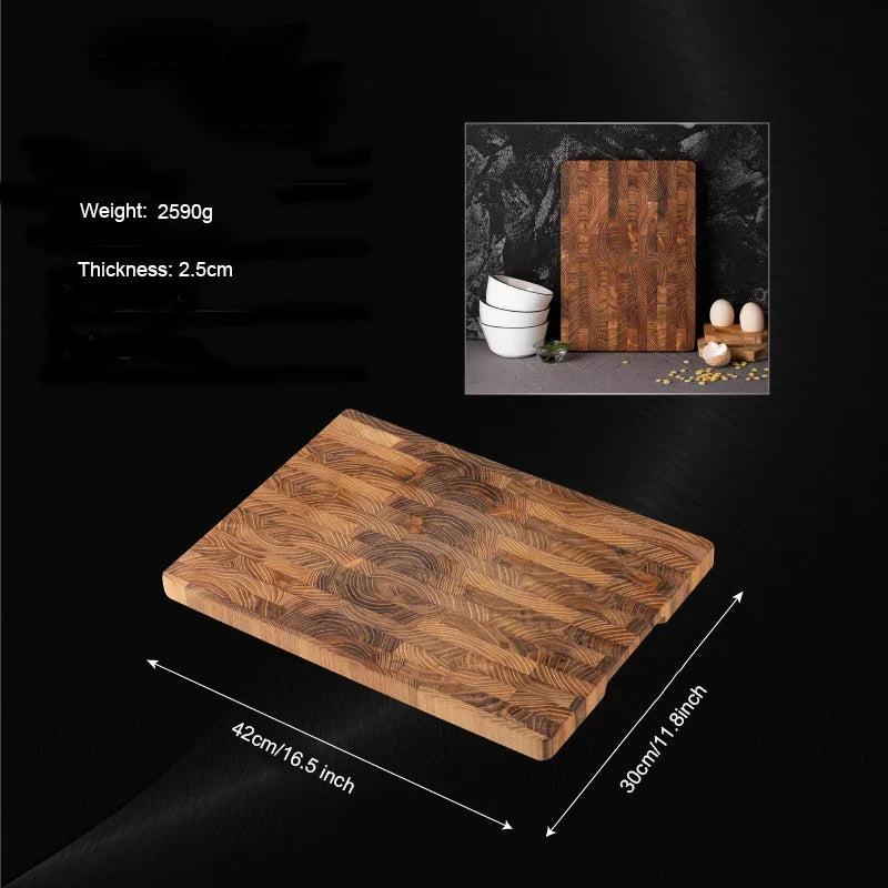 Large teak end grain board on a dark background with size lines