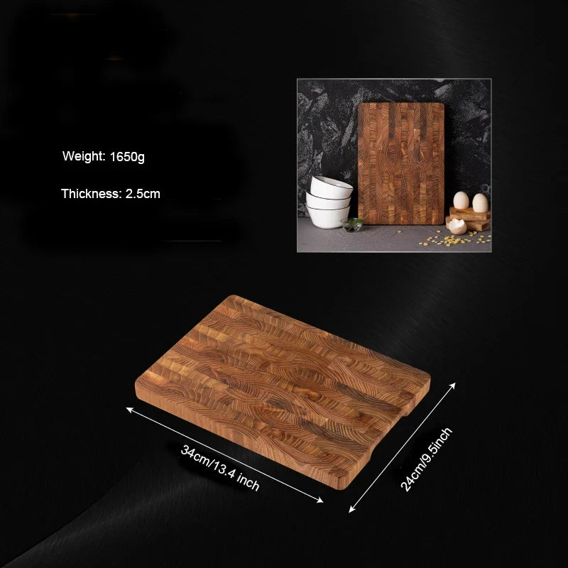 Small teak end grain board on a dark background with size lines