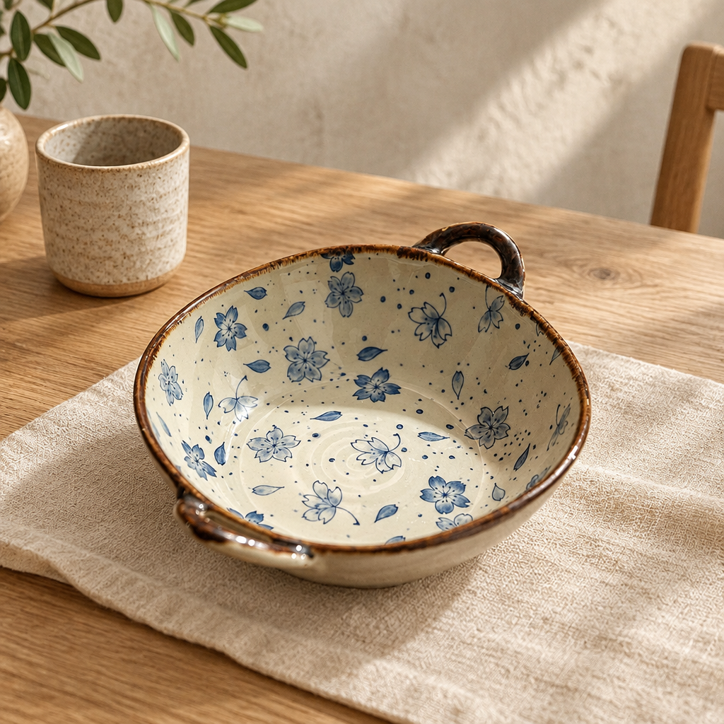 Empty blue flowers ceramic bowl with two loop handles on linen