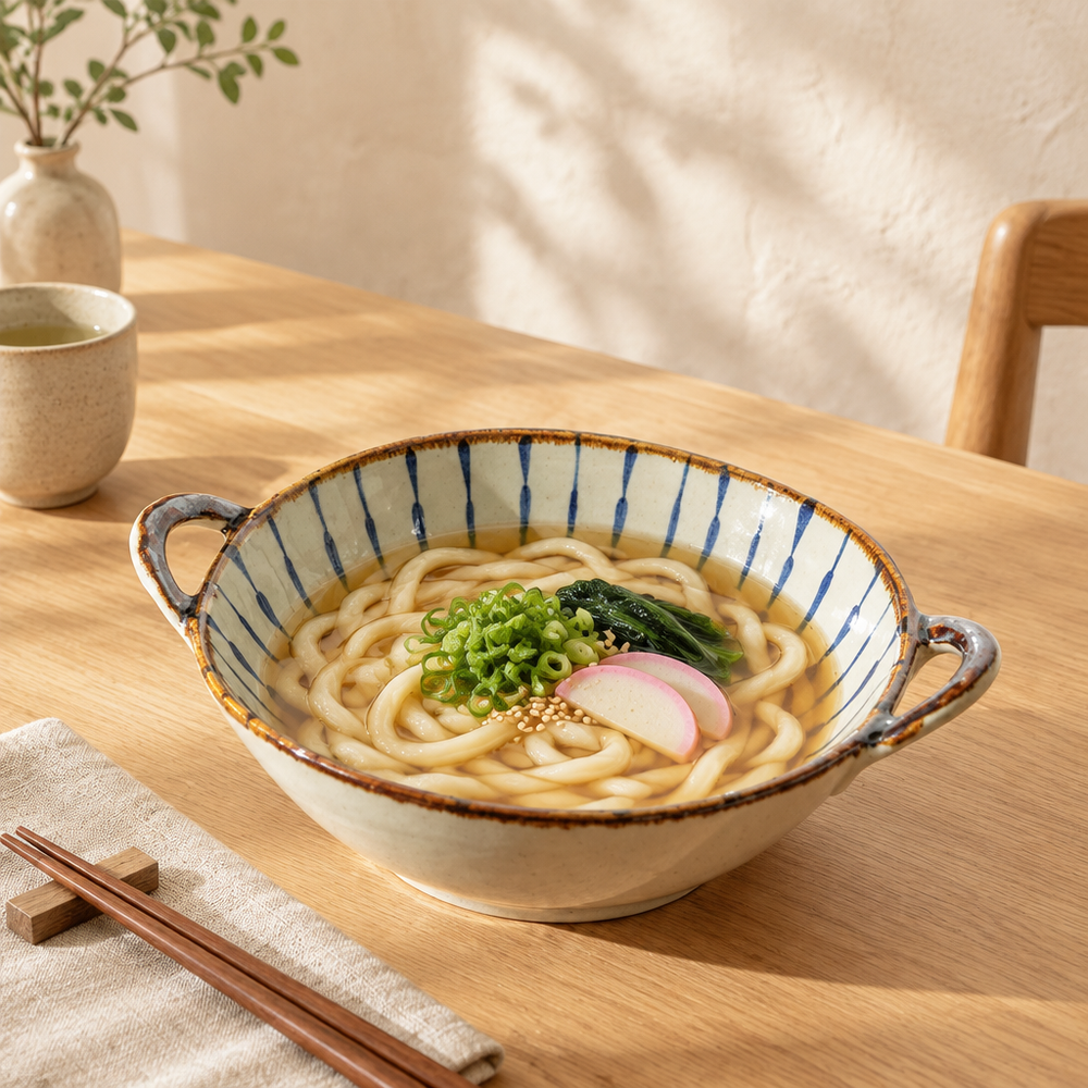 Blue lines handled ceramic bowl of udon noodles on a wooden table