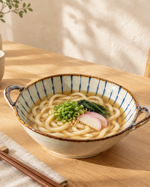 Blue lines handled ceramic bowl of udon noodles on a wooden table