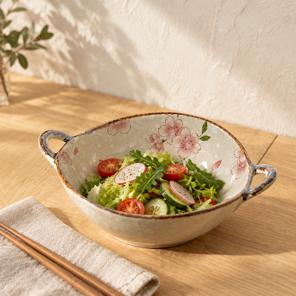 Cherry blossom handled ceramic bowl filled with a green salad