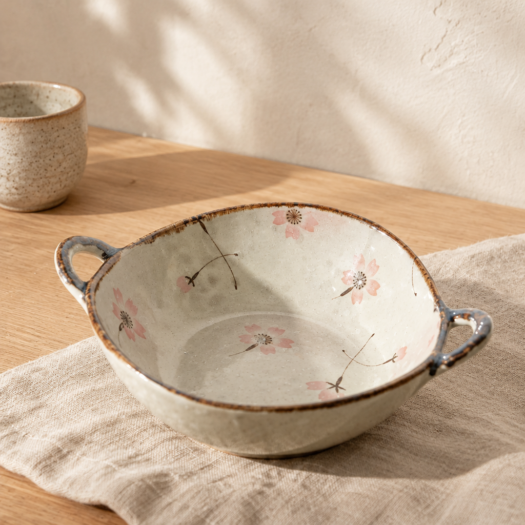 Pale blossom two handled ceramic bowl on a linen placemat