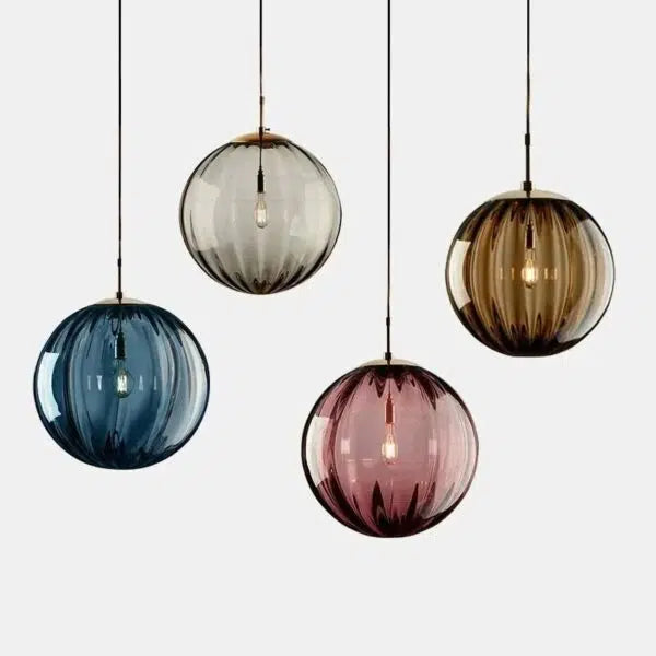 Ribbed Glass Globe Pendant Light Scandinavian – 4 Colors, 2 Sizes | Qonforta