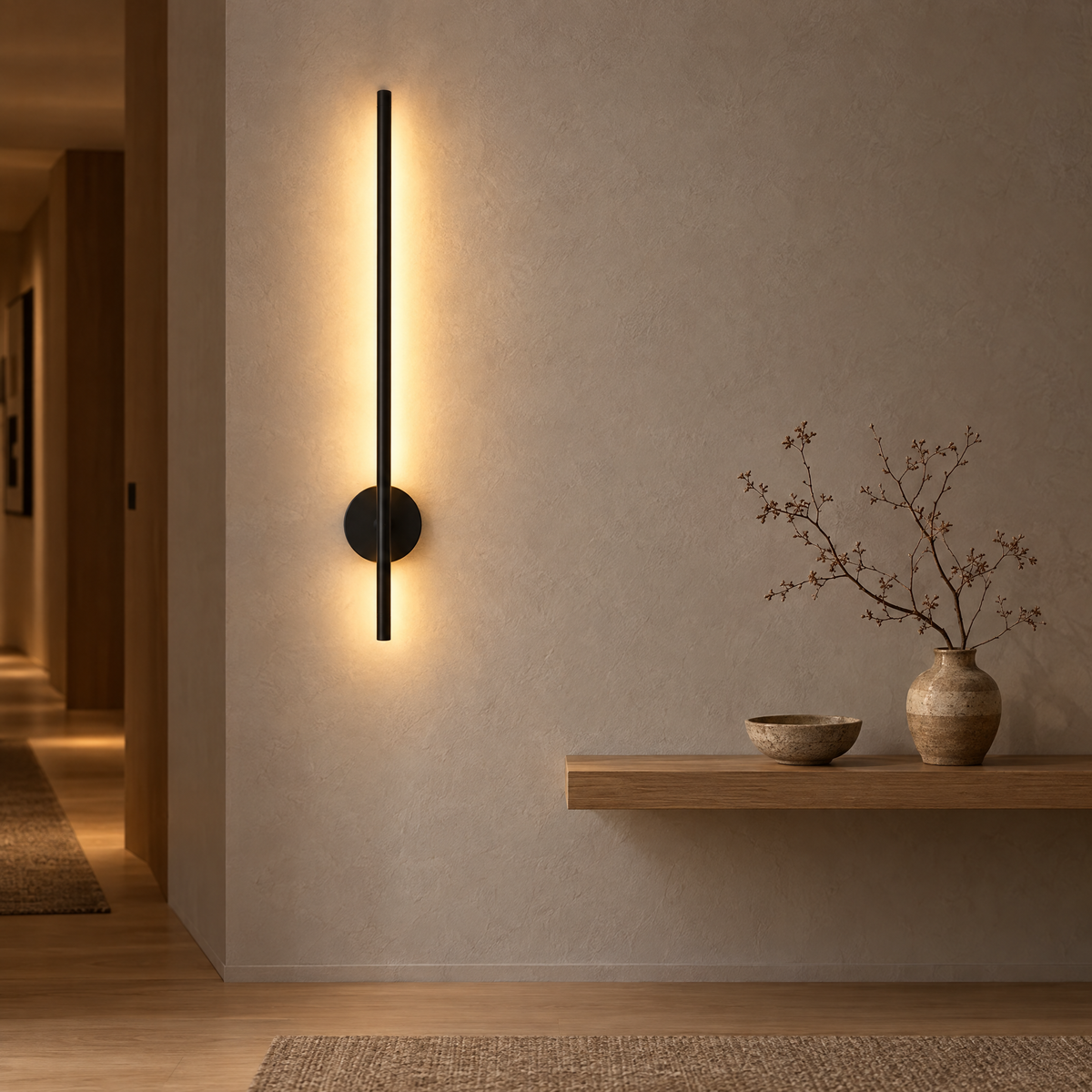 Black wire free wall light glowing above a floating shelf in a hallway