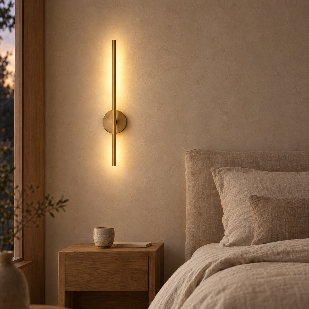 Gold rechargeable linear wall sconce lit beside a bed and nightstand