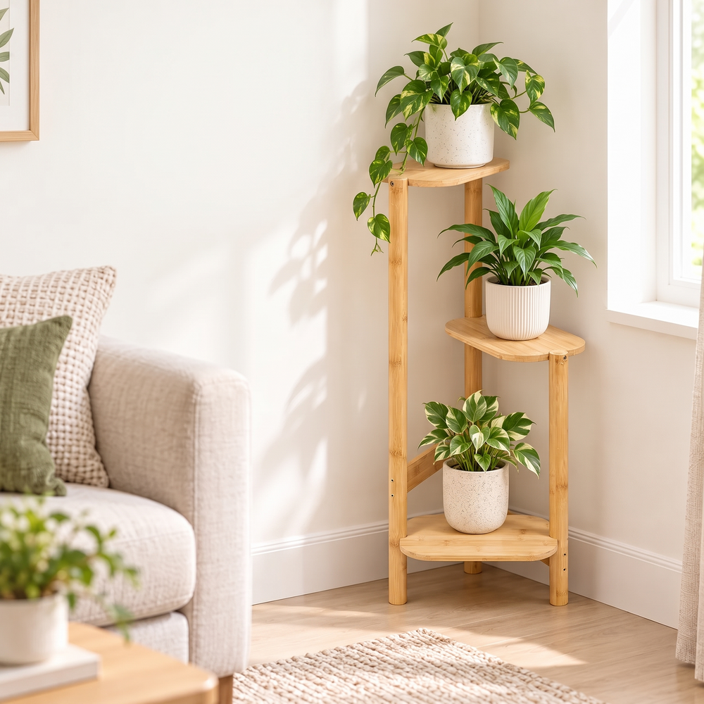 Bamboo corner plant stand holding three potted plants beside a sofa