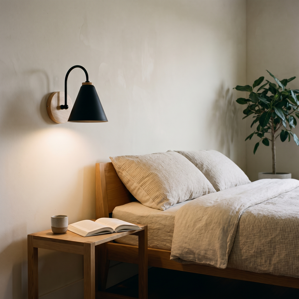 Nordic Iron Wall Sconce in Black with wood base, lit beside a bed