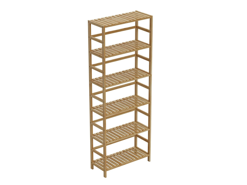 Six tier bamboo shelving unit with slatted shelves, full height view
