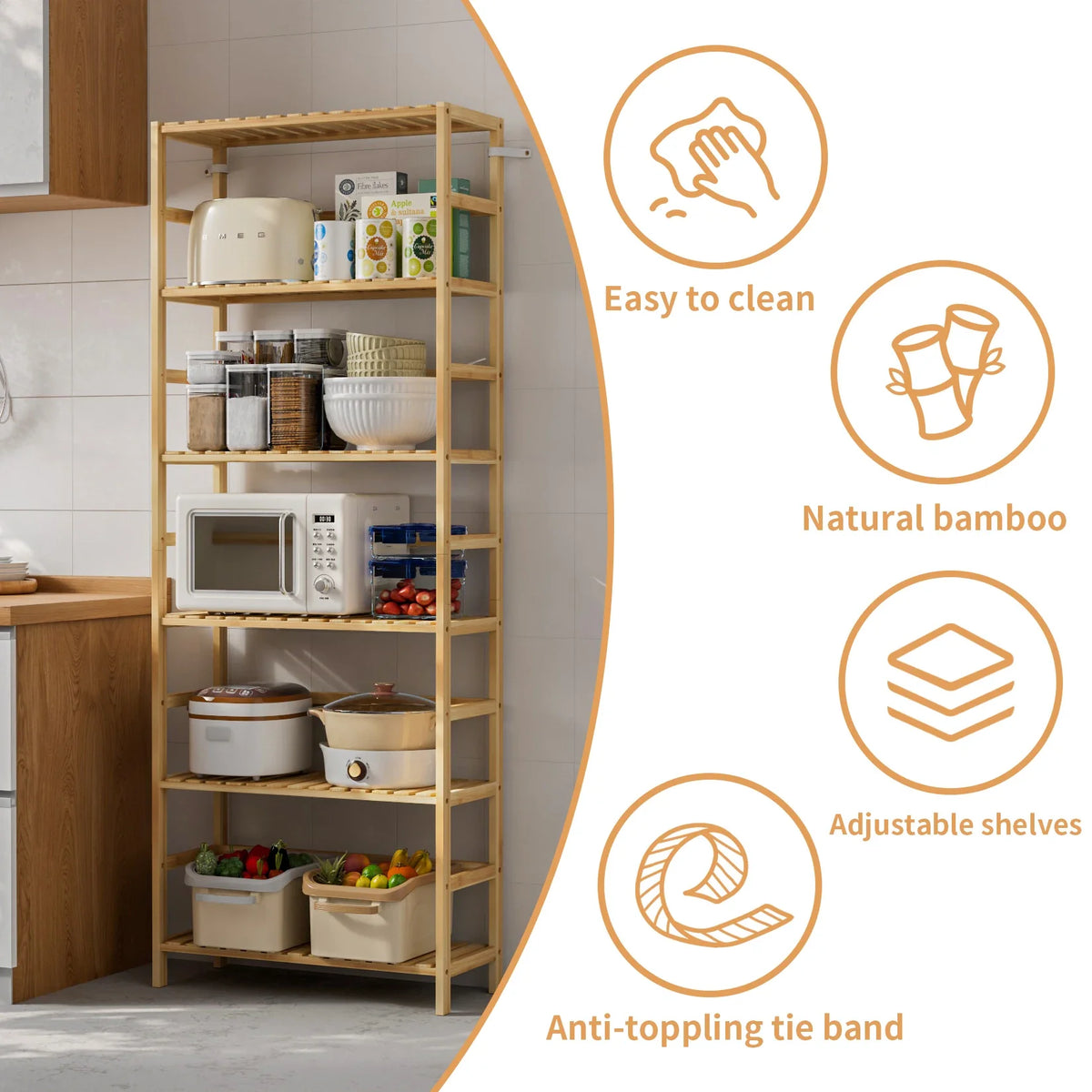 Bamboo shelving unit in a kitchen with icons for its features