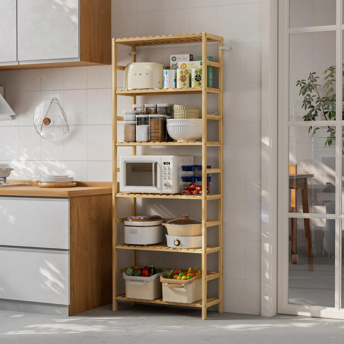 Bamboo shelving unit holding a microwave, rice cooker and jars in a kitchen