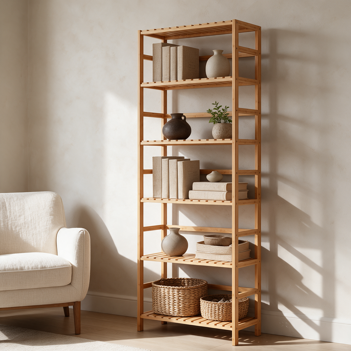Bamboo shelving unit with books, vases and baskets beside a white armchair