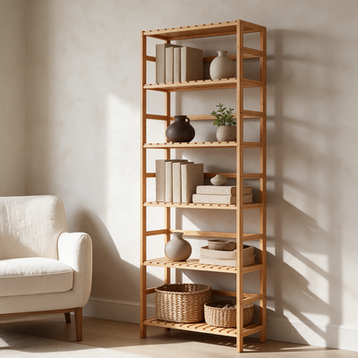 6 Tier Bamboo Shelving Unit with Adjustable Shelves, Tall Open Bookshelf