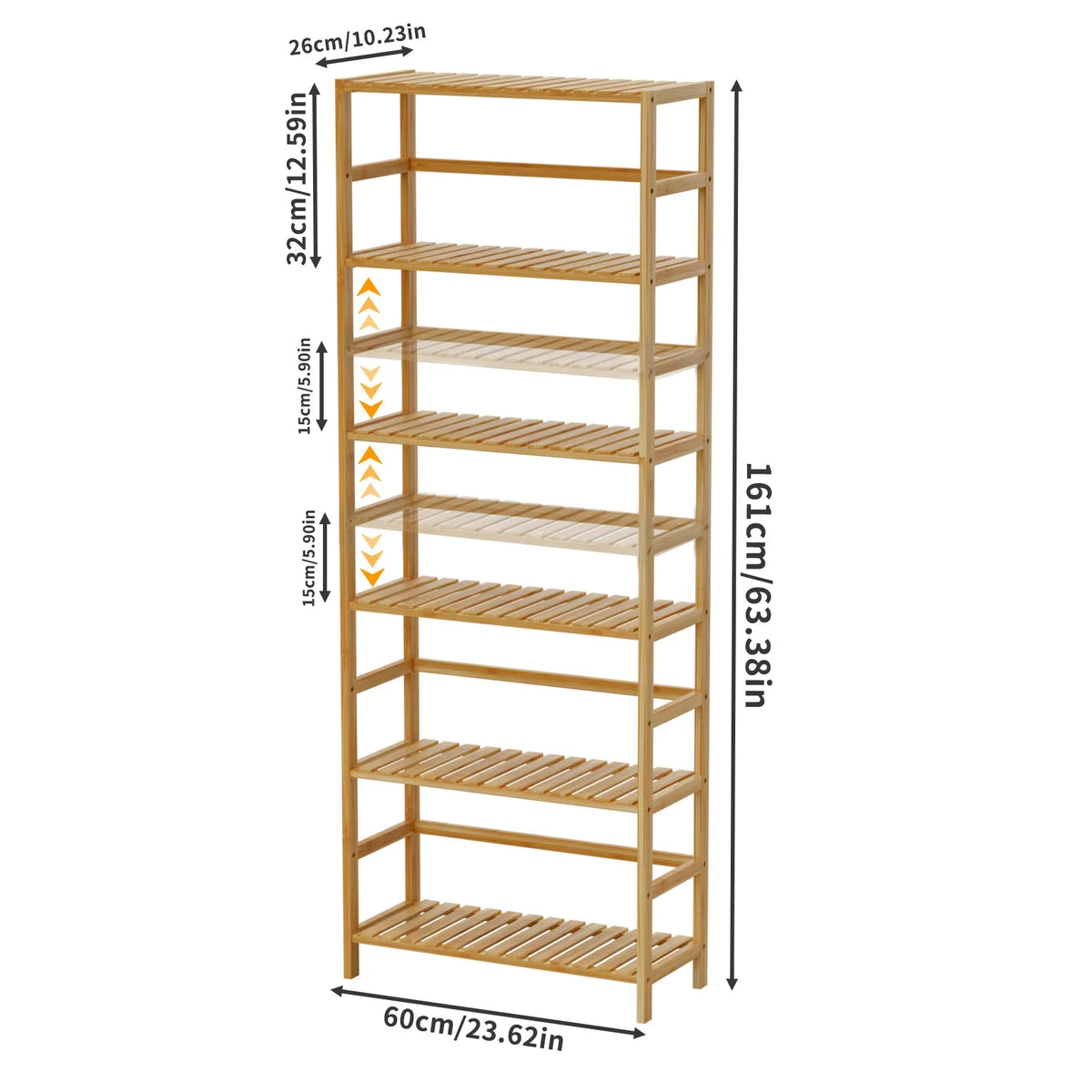 Bamboo shelving unit with measurement lines for width, depth and height