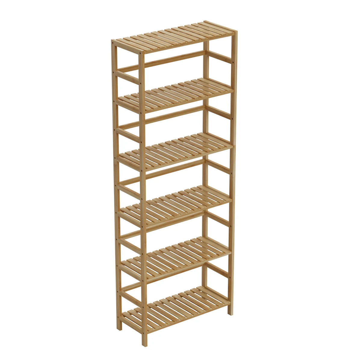 Six tier bamboo shelving unit with slatted shelves on a white background