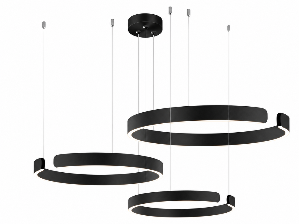 Black LED ring chandelier with three rings on thin cables against a white background