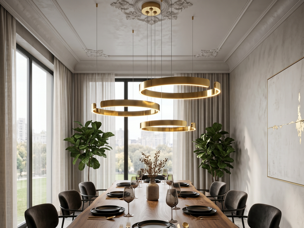 Brass LED ring chandelier with three lit rings hanging over a wooden dining table