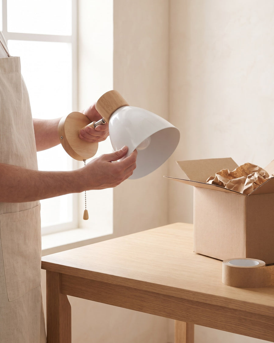 Hands looking over a wall light next to an open shipping box