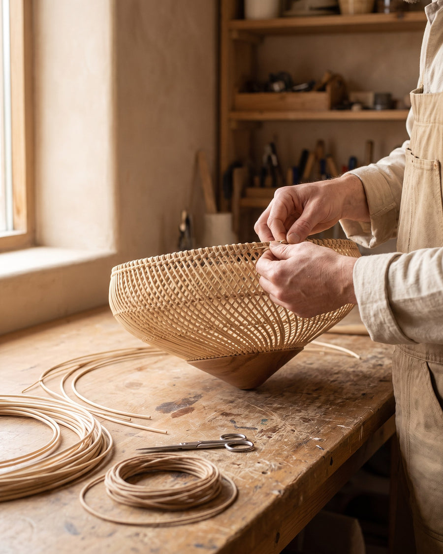 Hands finishing the woven rim of a rattan pendant shade on a workbench