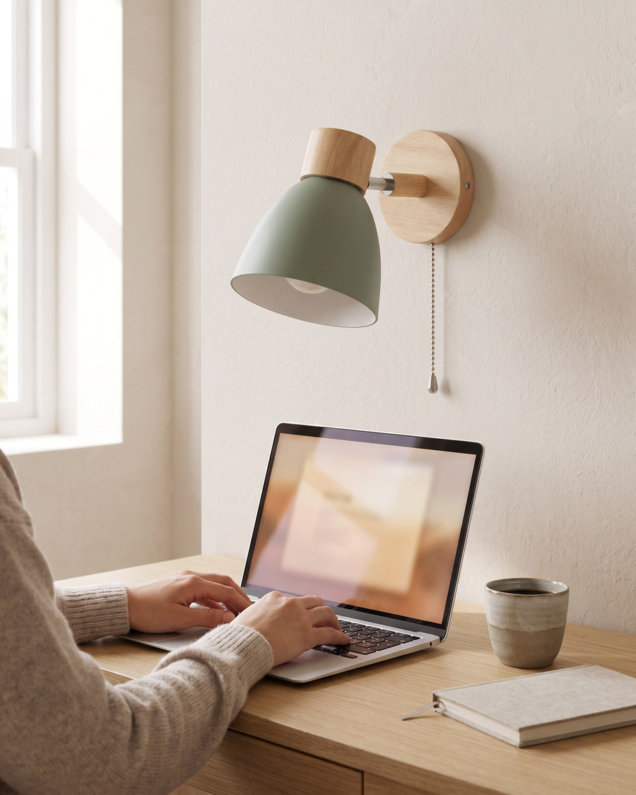 Hands typing an email at a desk under a sage wall light