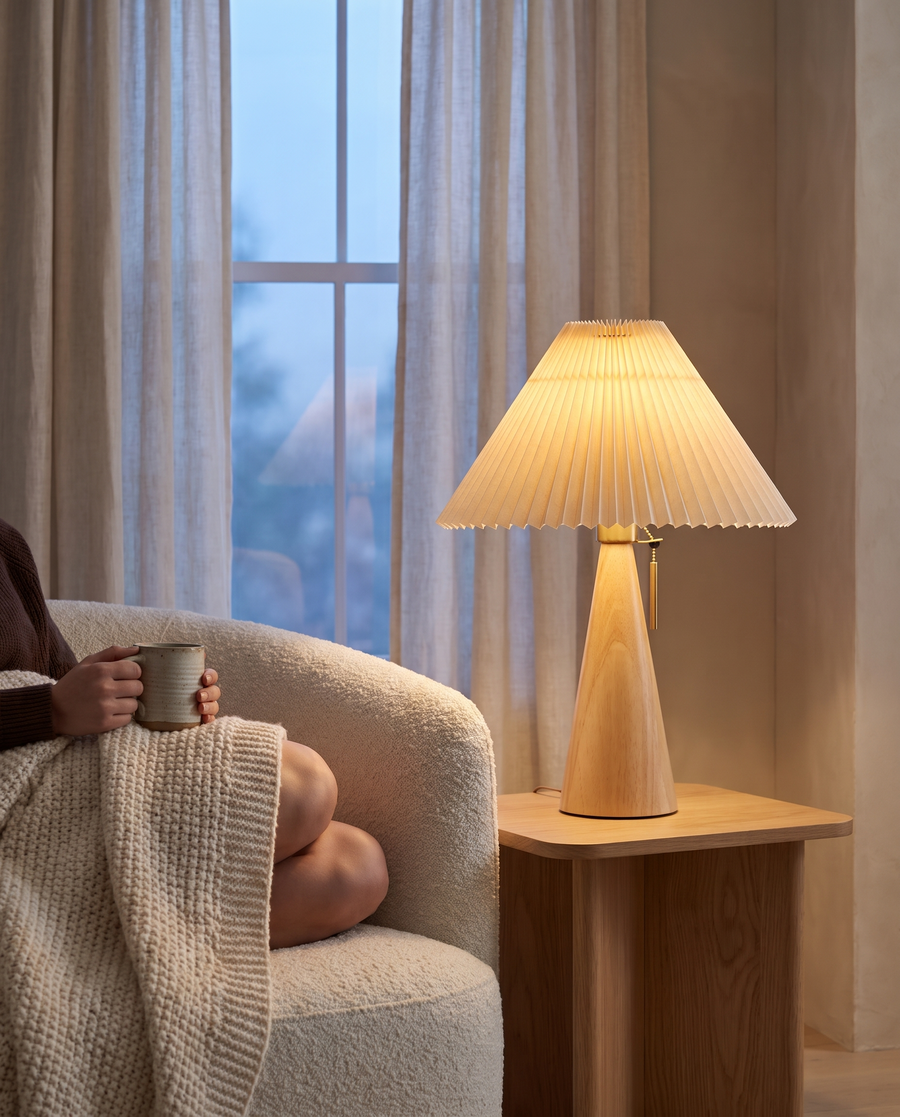 Pleated table lamp glowing next to a sofa in the evening