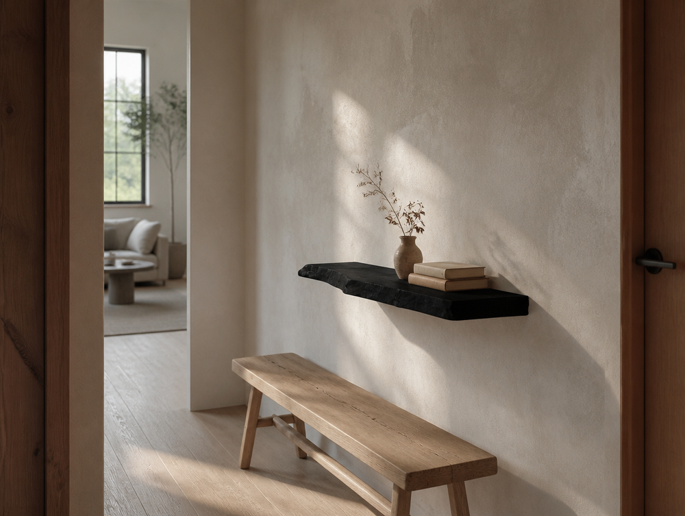 Black live edge floating shelf mounted above an oak bench in a plaster entryway