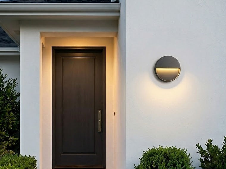 Round black outdoor wall light glowing beside a front door at dusk