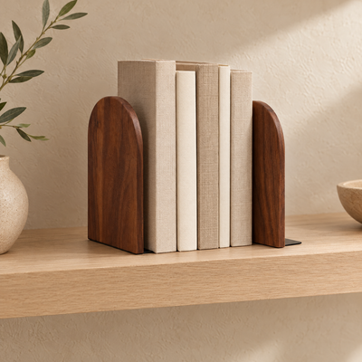Arched Wooden Bookends, Set of 2 in Walnut or Beech with Metal Base Plate