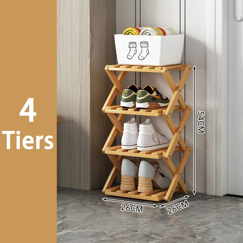Four tier natural bamboo shoe rack with sneakers and a basket on top