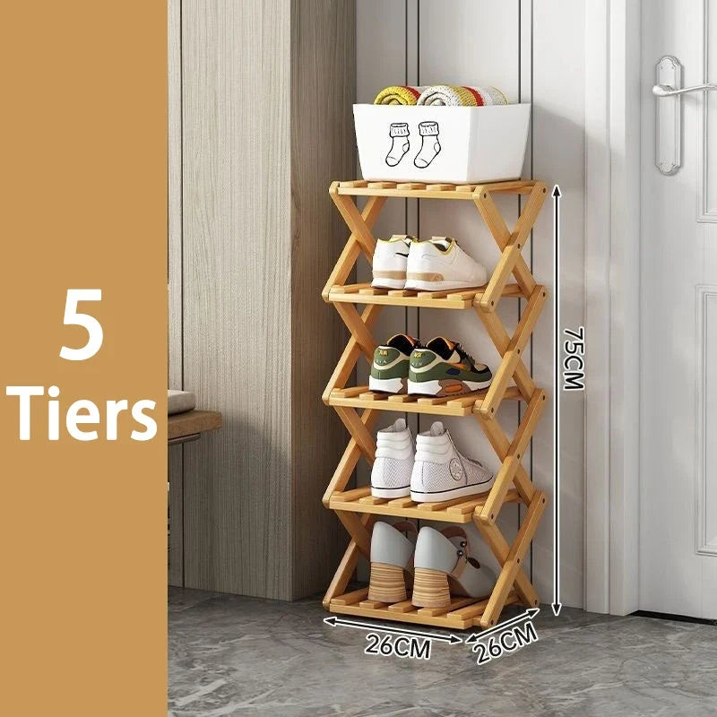 Five tier natural bamboo shoe rack with sneakers by a front door