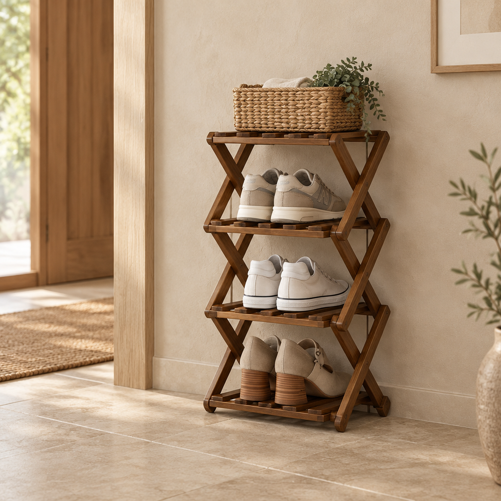 Brown folding shoe rack with sneakers and a basket in an entryway