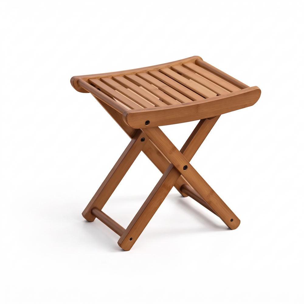 Folding bamboo stool with a curved slatted seat on a white background