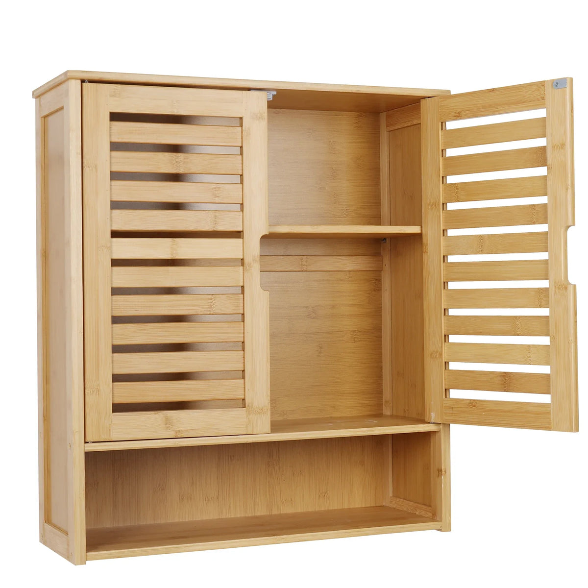 Bamboo wall cabinet with both louvered doors open on a white background