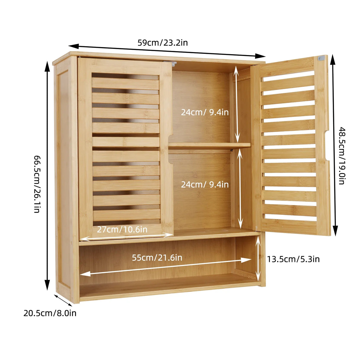 Bamboo wall cabinet with one door open and measurement lines