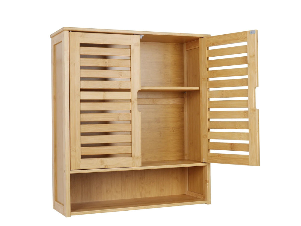 Bamboo bathroom wall cabinet with both louvered doors open, full view