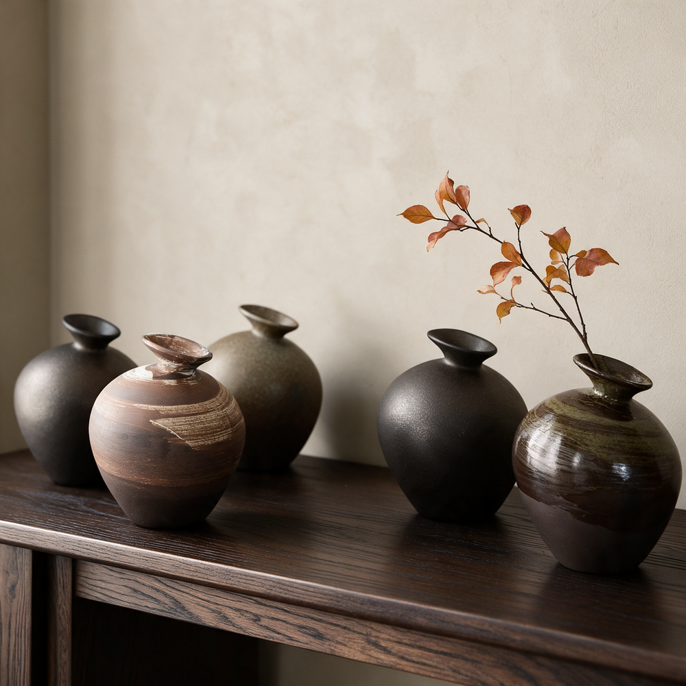 Five ceramic bud vases on a dark wood console with an autumn branch