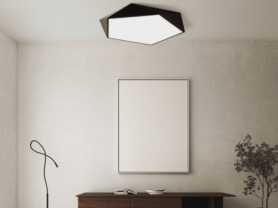 Black Skydor ceiling light on the ceiling of a beige living room