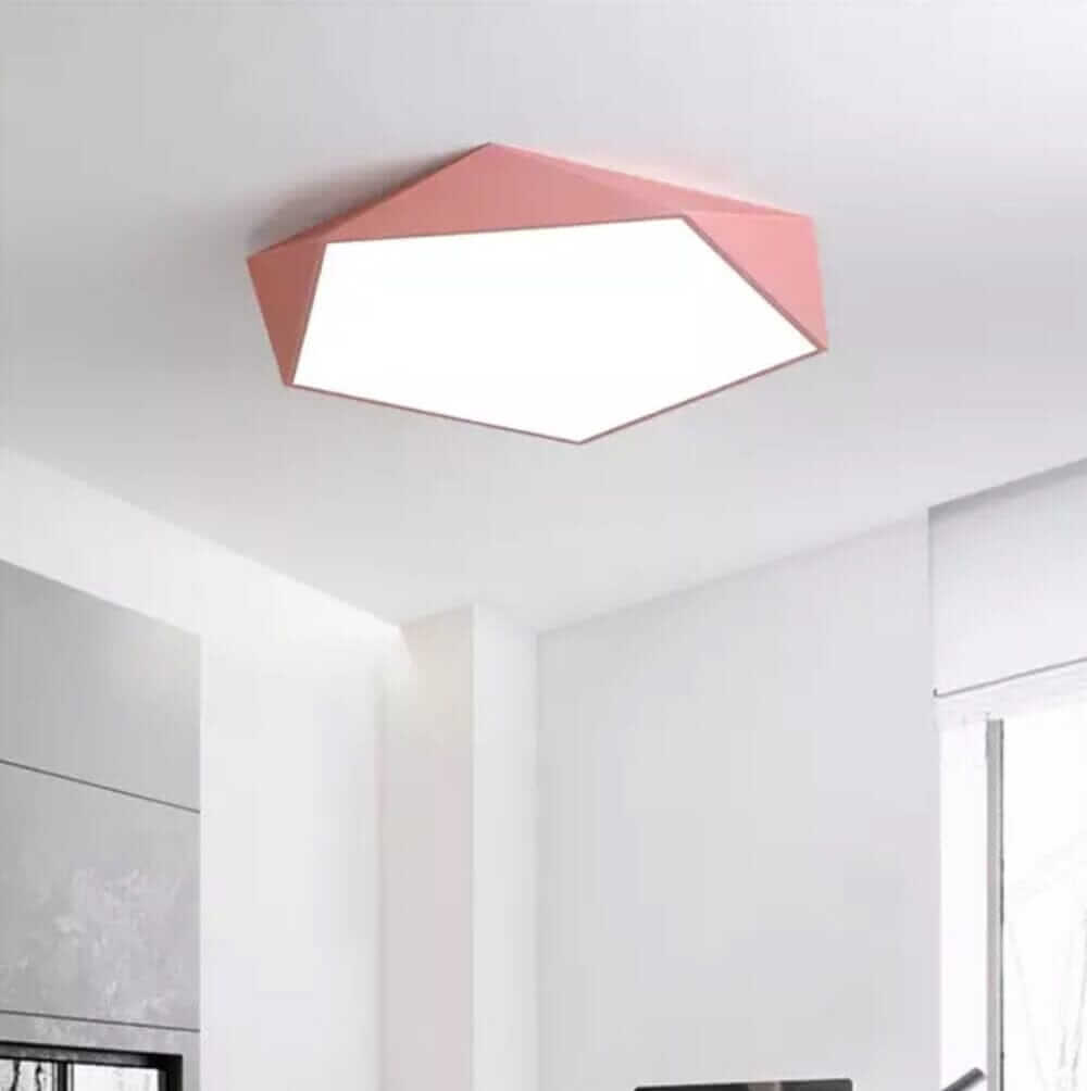 Skydor geometric LED ceiling light in Pink on a white ceiling