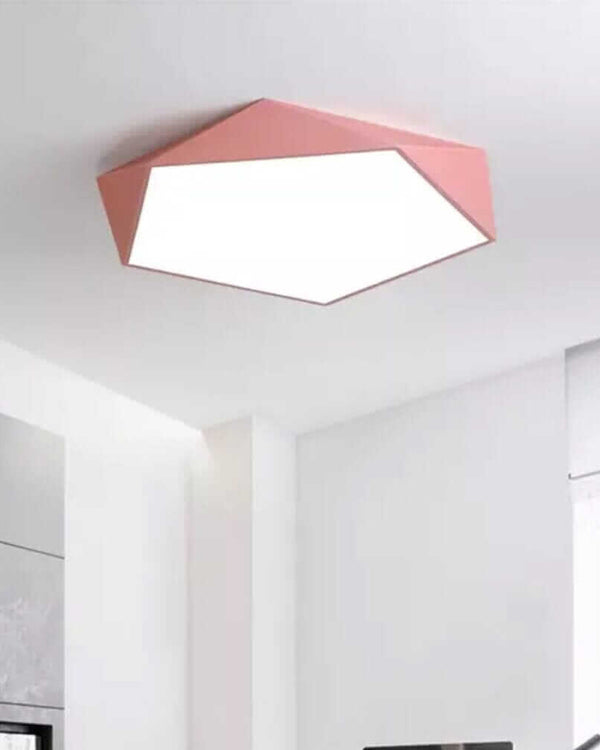 Skydor geometric LED ceiling light in Pink on a white ceiling