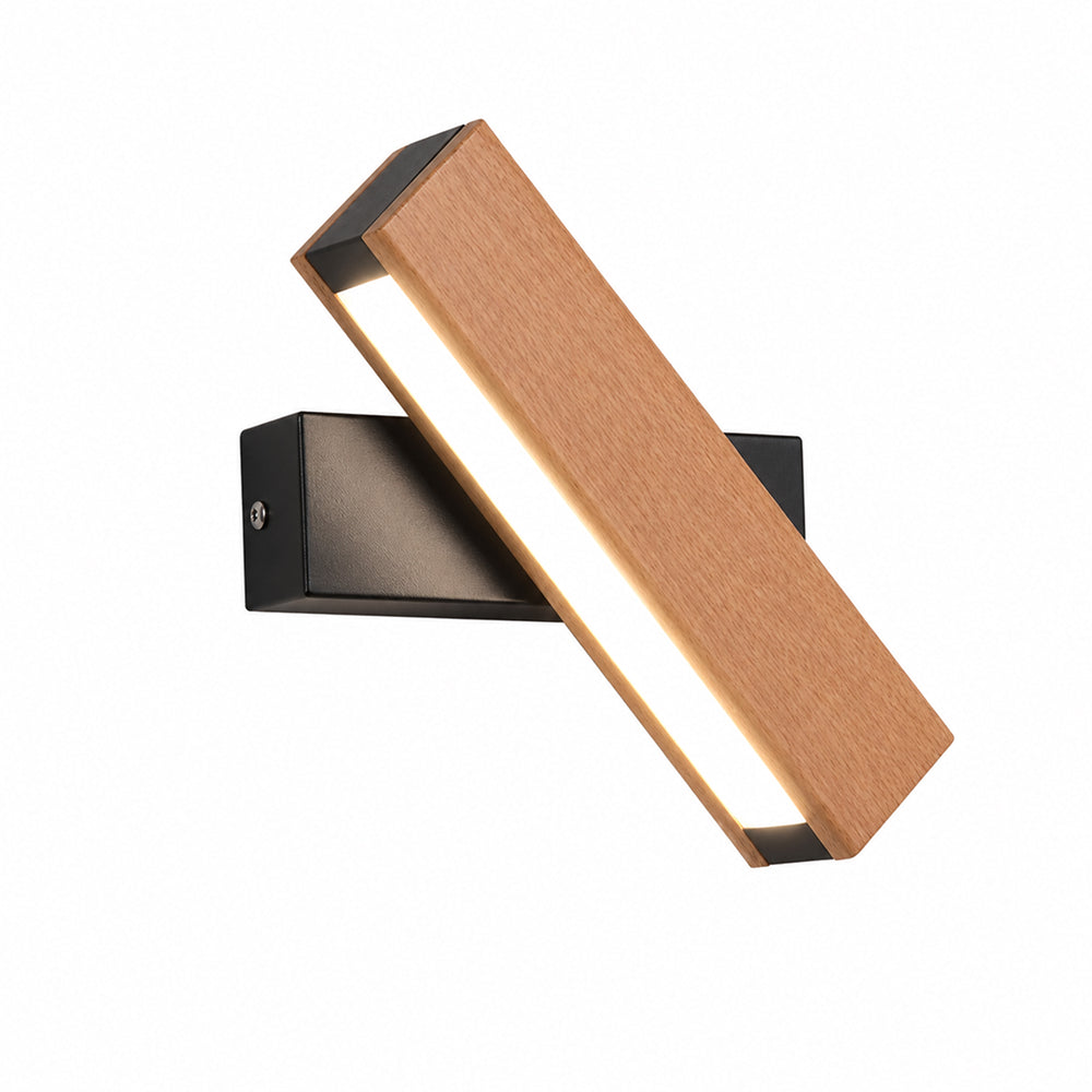 Small black wood LED wall sconce with a slim adjustable light bar on a plain wall