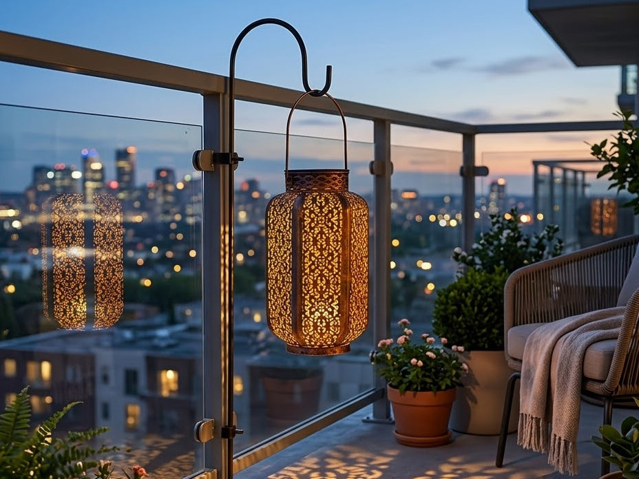 Copper solar lantern hanging from a hook on a balcony at dusk