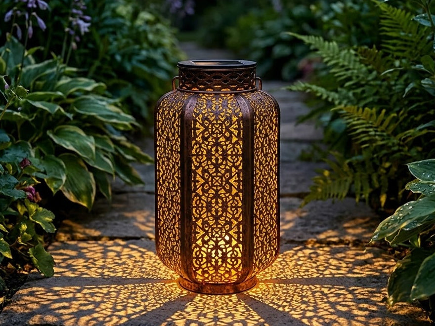 Copper openwork solar lantern glowing on a garden path