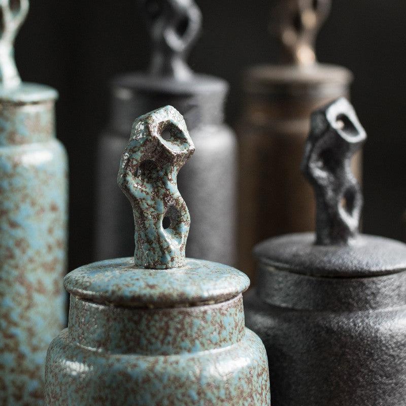 Handmade stoneware tea caddy with airtight ceramic lid detail shot of the lid and rim