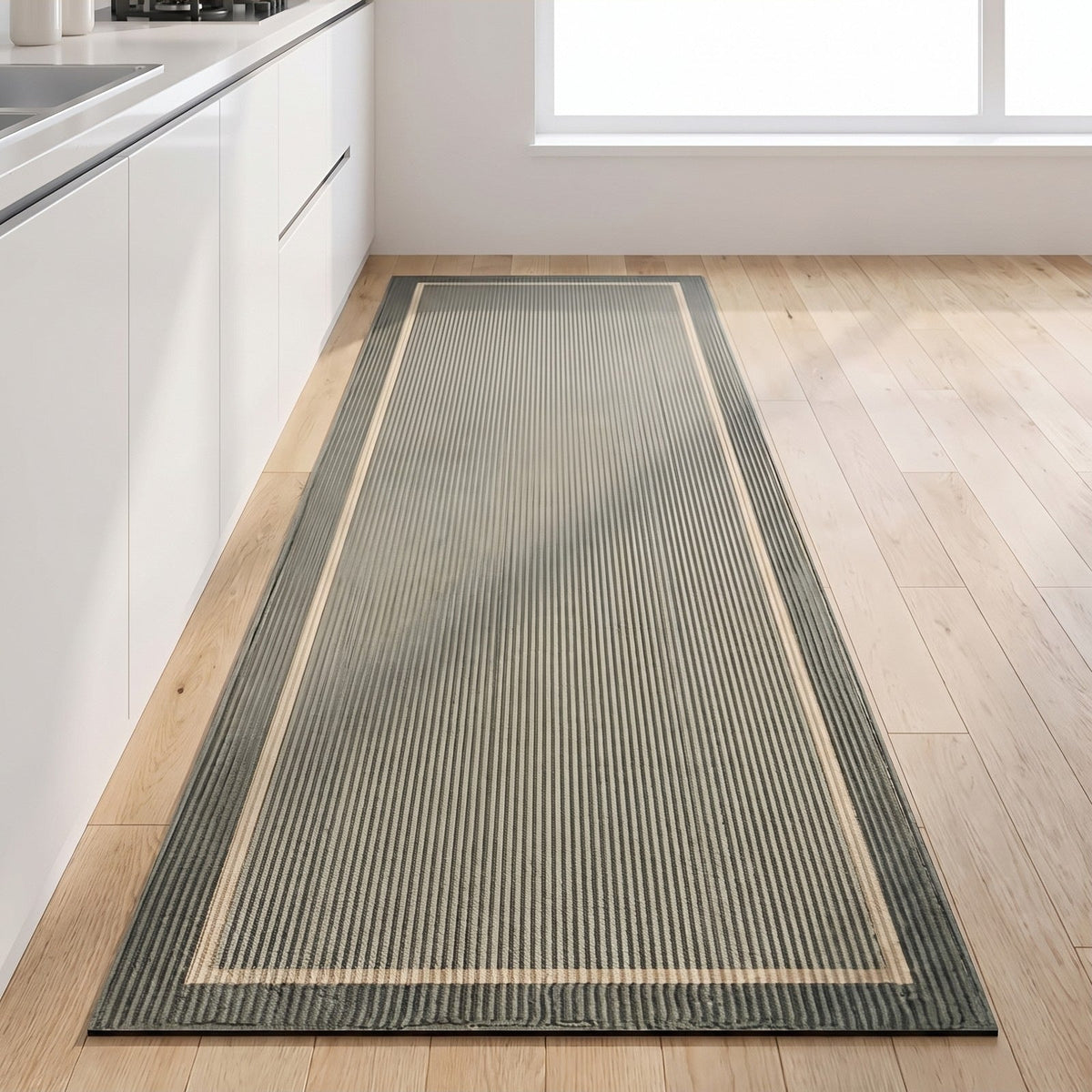 Strata washable kitchen runner rug in Stone Mist on a light wood kitchen floor