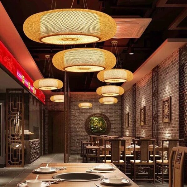 Bamboo Pendant Light Asian Handwoven Drum Shade – 3 Sizes | Qonforta