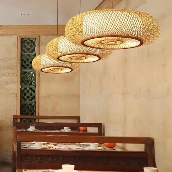 Bamboo Pendant Light Asian Handwoven Drum Shade – 3 Sizes | Qonforta