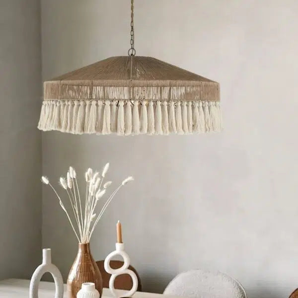 Rattan Boho Pendant Light Fringe Shade – Natural Brown & White | Qonforta