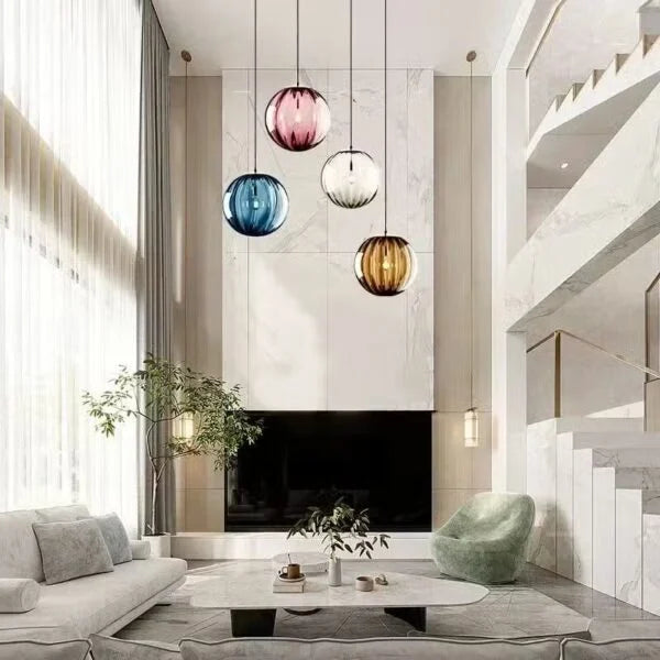 Ribbed Glass Globe Pendant Light Scandinavian – 4 Colors, 2 Sizes | Qonforta